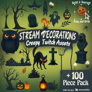 Spooky Twitch stream Decor VTuber Animated Overlay Assets Streaming Decorations, Owl, Spider, Haunted Forest tombstones for PNGtuber