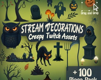 Flux effrayant Twitch Décor VTuber, superposition animée, décorations en streaming, hibou, araignée, pierres tombales de la forêt hantée pour PNGtuber