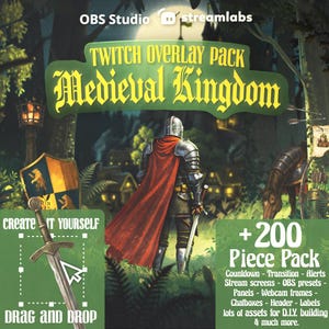 May include: A digital product package for Twitch streamers, featuring a medieval theme. The image shows a knight with a red cape, a sword, and a shield. Text includes "Twitch Overlay Pack Medieval Kingdom" and "+200 Piece Pack".