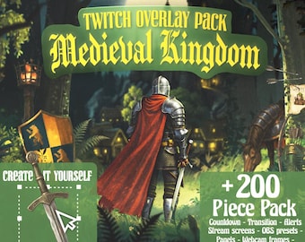 Peut inclure: Un pack numérique pour streamers Twitch sur le thème médiéval. L'image présente un chevalier avec une cape rouge, une épée et un bouclier. Le texte comprend "Twitch Overlay Pack Medieval Kingdom" et "+200 Piece Pack".