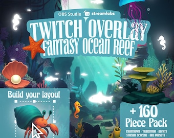 Pack de streams sur le thème des animaux aquatiques, superposition Twitch, ressources animées pour VTubers sur le thème des récifs océaniques, décor sous-marin magique, OBS Streamlabs, PNGTuber