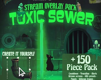 Peut inclure: Un pack de superpositions de flux intitulé Toxic Sewer avec un thème d'égout vert foncé, du liquide vert néon brillant, des silhouettes de rats, des champignons et une arête de poisson. Inclut des textes comme Stream Overlay Pack, Create It Yourself et Drag and Drop.