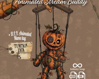 May include: An animated pumpkin-themed marionette puppet with a button eye, stitched mouth, and vine-like limbs, suspended by strings from a wooden crossbar. Includes a tag labeled PUMPKIN JACK and text reading Overlay Decoration Animated Stream Buddy.