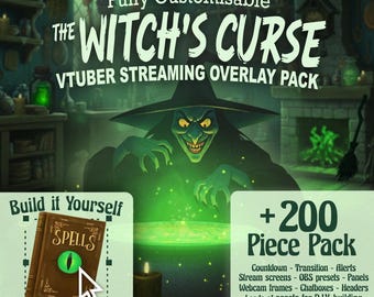 Peut inclure: Un pack de superposition de streaming numérique intitulé The Witch's Curse, montrant une sorcière à la peau verte au-dessus d'un chaudron brillant. L'image inclut un livre de sorts marron, 200 éléments, et la compatibilité OBS Studio et Streamlabs.
