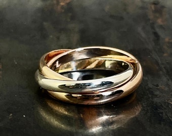 Tri-Metal Tango Rolling Ring - Sterling Silver, Rose Gold Filled, Yellow Gold Filled - Unique Spinning Jewelry for Fashionable Fingers