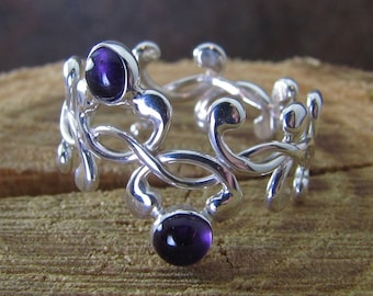 Argentium sterling  woven ring with amethysts