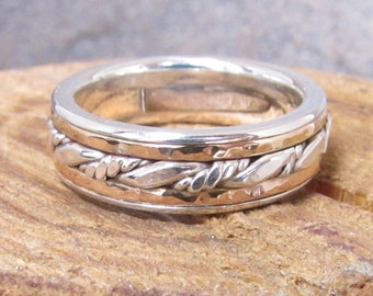 Yellow Gold and Argentium Sterling Silver Inlay Mens Ring or Wedding Band