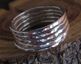 Set of 5 Skinny Hammered Silver Stack Rings