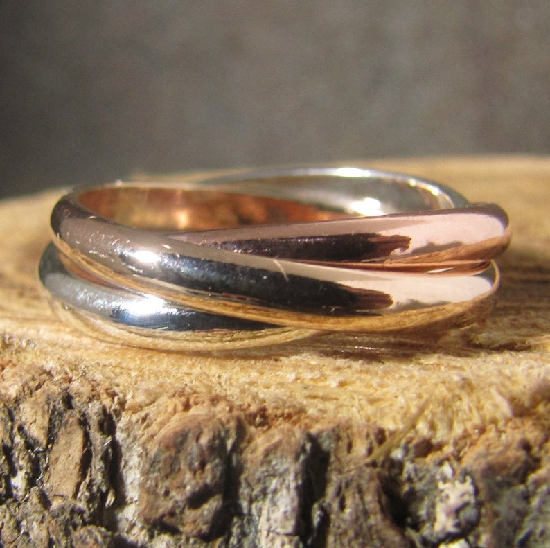 Tri Color Rolling Ring, 14k rose and yellow gold-filled and argentium sterling fidget ring 