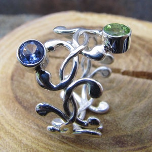 Silver Vine Ring with Aquamarine and Peridot Gemstone and Statement Ring