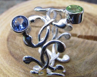 Silver Vine Ring with Aquamarine and Peridot Gemstone and Statement Ring