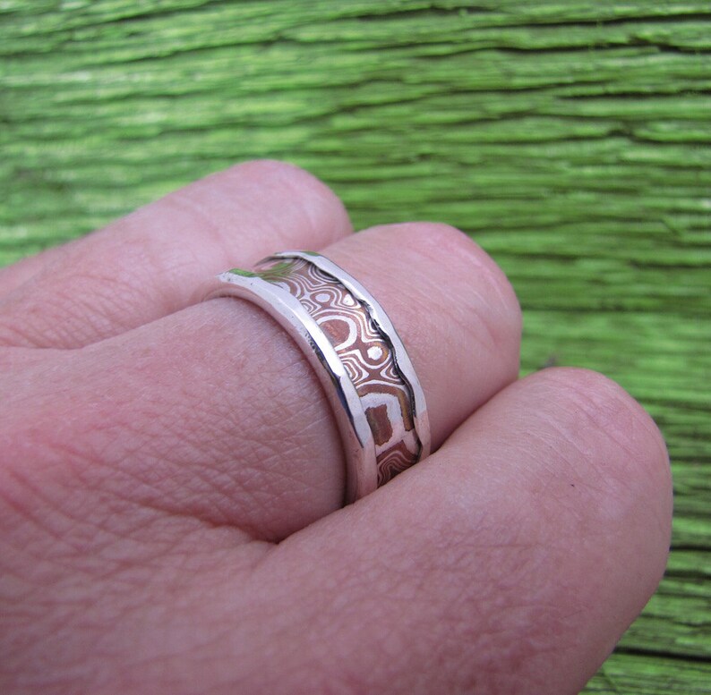 Mokume Gane Inlayed Mens Argentium Silver Ring