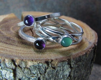 Argentium Silver Stacking Ring Set with Gemstones