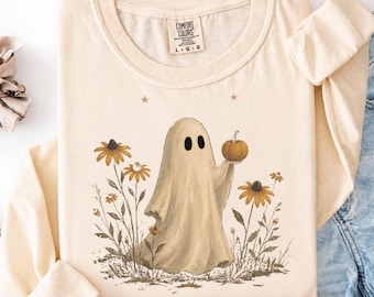 Halloween Ghost Shirt, Cottagecore Ghost Tee, Cute Spooky Fall Shirt, Vintage Autumn Ghost T-Shirt, Pumpkin Ghost Gift, Witchy Garden Tee