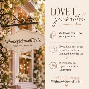 May include: A cream-colored sign with the text WhimsyMarketFinds! and FINDS THAT SPARK JOY, hanging from a black metal bracket. The right side features the text LOVE IT guarantee, shopping bag, box, and wreath icons, and refund policy text.