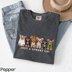 May include: A charcoal gray t-shirt featuring a graphic of six Chihuahua dogs in various Halloween costumes, including a ghost, vampire, pumpkin, mummy, skeleton, and Frankenstein's monster, with the text "JUST A SPOOKY CHI" printed below.