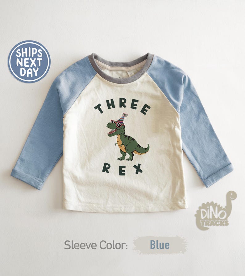 Pu&ograve; includere: Una maglietta a maniche lunghe blu chiaro e color crema con una grafica di dinosauro. La maglietta presenta la scritta "THREE REX" con un dinosauro dei cartoni animati con occhiali da sole e un cappello da festa. Le maniche sono blu chiaro.