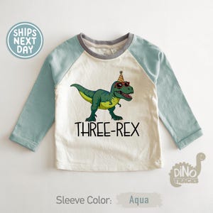 May include: A long-sleeved aqua and cream-colored shirt with a graphic of a green dinosaur wearing sunglasses and a party hat. The text "THREE-REX" is below the dinosaur. The shirt has a gray neckline.