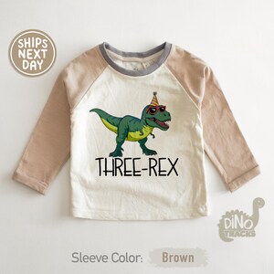 May include: A long-sleeved, off-white and brown shirt with a cartoon dinosaur wearing sunglasses and a party hat. The text "THREE-REX" is below the dinosaur. The sleeves are brown.