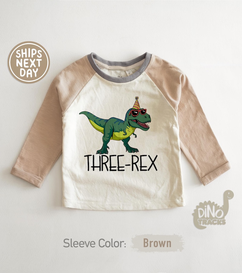 May include: A long-sleeved, off-white and brown shirt with a cartoon dinosaur wearing sunglasses and a party hat. The text "THREE-REX" is below the dinosaur. The sleeves are brown.