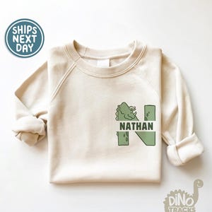 May include: A cream colored sweatshirt with a green dinosaur graphic forming the letter N. The name "NATHAN" is written in black letters across the dinosaur graphic.