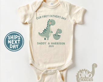 First Father's Day 2026 Baby Onesie® - Cute Personalized Dinosaur Bodysuit - Fathers Day Natural Onesie®