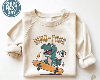 Dino-Four 4th Birthday Sweatshirt - Fourth Birthday Tee - Retro Dino Natural Raglan - Boys Birthday Outfit - Funny T-Rex Shirt