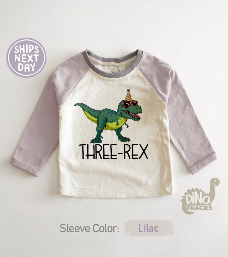 May include: A white and lilac long-sleeve shirt featuring a green cartoon Tyrannosaurus Rex wearing sunglasses and a party hat. The text "THREE-REX" is printed below the dinosaur. The sleeve color is lilac.
