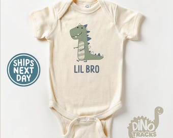 Lil Bro Dinosaur Onesie® - Little Brother Dinosaur Bodysuit - Little Brother Boys Announcement Natural Onesie®