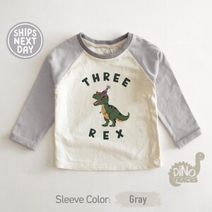 Pu&ograve; includere: Una maglietta a maniche lunghe in stile raglan con maniche grigie e corpo color crema. La maglietta presenta un dinosauro verde con occhiali da sole e un cappello da festa, con le parole "THREE REX" stampate.