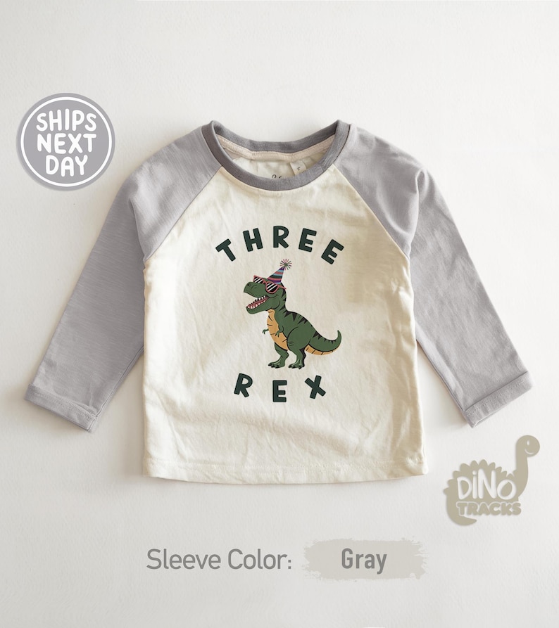Pu&ograve; includere: Una maglietta a maniche lunghe in stile raglan con maniche grigie e corpo color crema. La maglietta presenta un dinosauro verde con occhiali da sole e un cappello da festa, con le parole "THREE REX" stampate.