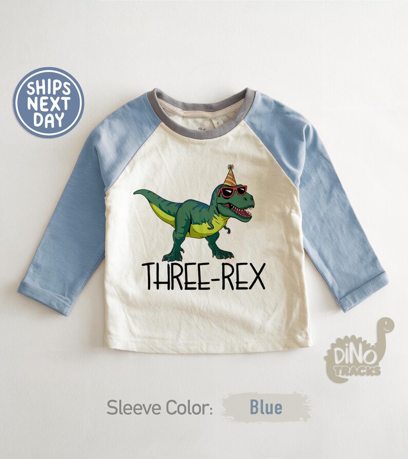 May include: A white and blue raglan-style shirt with a green dinosaur graphic wearing sunglasses and a party hat. The text "THREE-REX" is below the dinosaur. The sleeve color is blue.