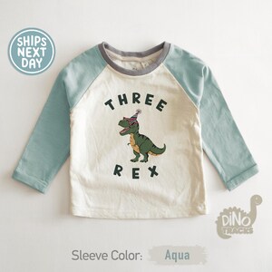 Pu&ograve; includere: Maglietta color crema a maniche lunghe con maniche color acqua e colletto grigio, con grafica di dinosauro. La scritta "THREE REX" sovrasta un dinosauro dei cartoni animati con occhiali da sole e cappello da festa. Le maniche sono color acqua.