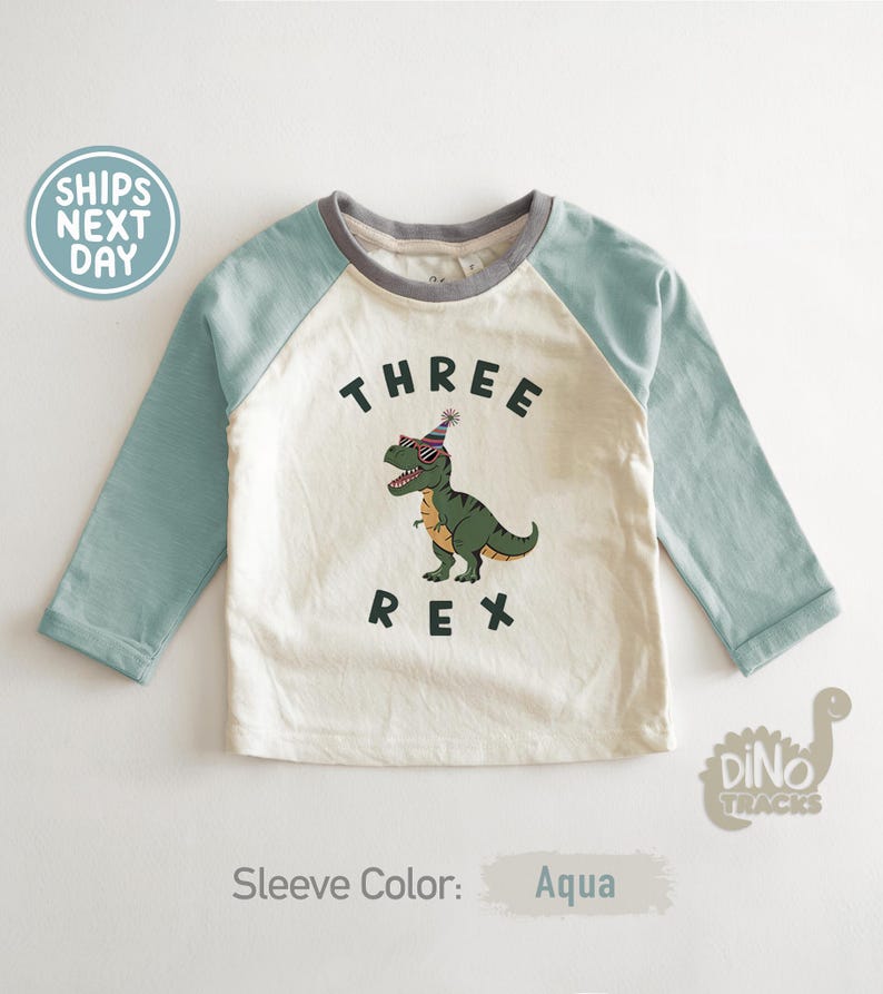 Pu&ograve; includere: Maglietta color crema a maniche lunghe con maniche color acqua e colletto grigio, con grafica di dinosauro. La scritta "THREE REX" sovrasta un dinosauro dei cartoni animati con occhiali da sole e cappello da festa. Le maniche sono color acqua.