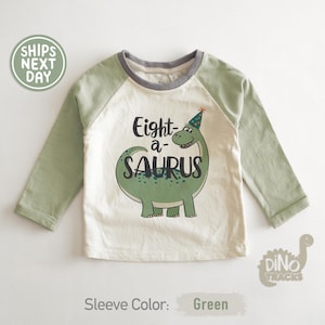 8th Birthday Shirt for Boys - Birthday Tee for 8 Year Old - Boys Dino Natural Raglan - Dinosaur Birthday Outfit - Eight-A-Saurus