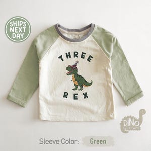 Pu&ograve; includere: Una maglietta raglan bianca e verde con maniche lunghe. Presenta la scritta "THREE REX" e un dinosauro dei cartoni animati con occhiali da sole e un cappello da festa. Il colletto &egrave; grigio.