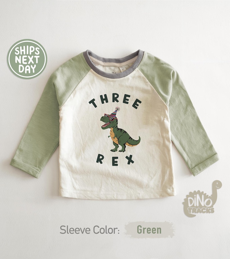 Pu&ograve; includere: Una maglietta raglan bianca e verde con maniche lunghe. Presenta la scritta "THREE REX" e un dinosauro dei cartoni animati con occhiali da sole e un cappello da festa. Il colletto &egrave; grigio.