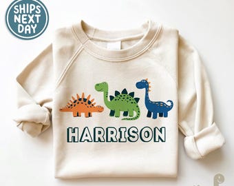 Boys Dinosaur Name Sweatshirt - Custom Name Natural Kids Tee - Cute Personalized Boys Dinosaur Shirt - Personalized Gift for Toddler Boy