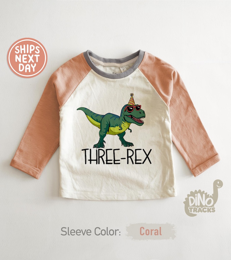 May include: A long-sleeved, coral and cream-colored shirt with a cartoon dinosaur wearing sunglasses and a party hat. The text "THREE-REX" is below the dinosaur. The shirt has a gray neckline.