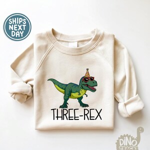 May include: Cream-colored sweatshirt featuring a green dinosaur wearing sunglasses and a party hat. The text "THREE-REX" is printed below the dinosaur. The sweatshirt has long sleeves and a crew neck.