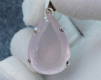 Rose Quartz Pear Pendant Necklace: 925 Sterling Silver, Handmade Vintage Jewelry