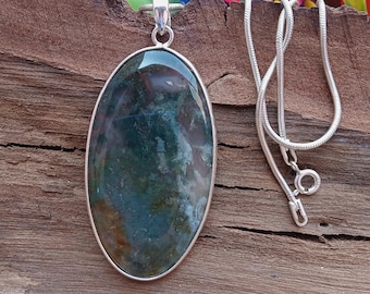 Green Moss Agate Sterling Silver Pendant: Boho Gemstone Necklace
