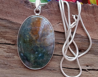 Green Moss Agate Sterling Silver Pendant: Oval Boho Necklace
