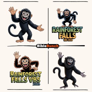 Pode incluir: Quatro ilustrações gráficas com macacos de desenho animado em várias poses. Dois macacos estão de pé acenando, enquanto dois estão posicionados sobre o texto RAINFOREST FALLS VBS 2026. O texto central exibe BibleBunch.com em preto e laranja.