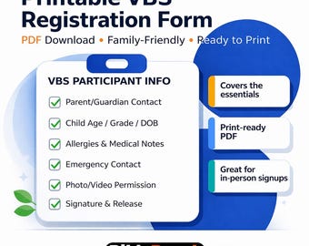Szablon formularza rejestracyjnego VBS do edycji, Arkusz zapisu na wakacyjną szkołę biblijną, Formularz obozu dla dzieci w kościele do druku w formacie PDF (dokument DOC), Natychmiastowe pobranie