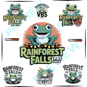 Puede incluir: Varias ilustraciones de ranas de dibujos animados con el texto "Rainforest Falls VBS 2026". Las ranas son verdes y azules, y el texto está en varias fuentes y colores. La imagen también incluye el logotipo de BibleBunch.com.