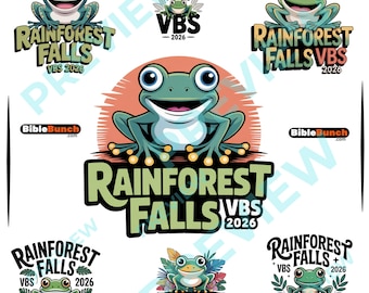 Paquete de logotipos de Rainforest Falls VBS 2026, imágenes PNG de Frog Jungle VBS, gráficos para la escuela bíblica de vacaciones de la iglesia, paquete de diseño para el ministerio infantil.
