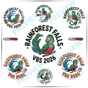 May include: A collection of colorful Rainforest Falls VBS 2026 logo designs featuring a cartoon quetzal bird. The bird is perched on a branch, with the text "Rainforest Falls" and "VBS 2026" in a circular arrangement.