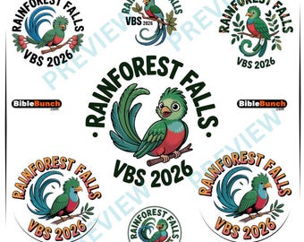 Pakiet logo „Wakacyjna Szkoła Podstawowa Rainforest Falls” 2026, motyw kościoła z motywem tropikalnych ptaków, projekt szkoły biblijnej „Dżungla”, grafika dla dzieci