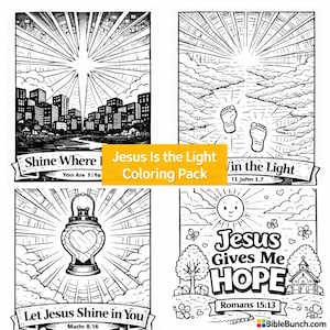 Puede incluir: Un paquete de colorear en blanco y negro titulado "Jesus Is the Light Coloring Pack". El paquete incluye cuatro ilustraciones con temas religiosos. Cada ilustraci&oacute;n presenta texto como "Shine Where You Are" y "Jesus Gives Me Hope".
